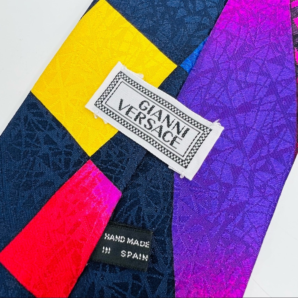 Gianni Versace Multicolored Color Block Plaid Floral Vintage Silk Tie - Picture 11 of 12